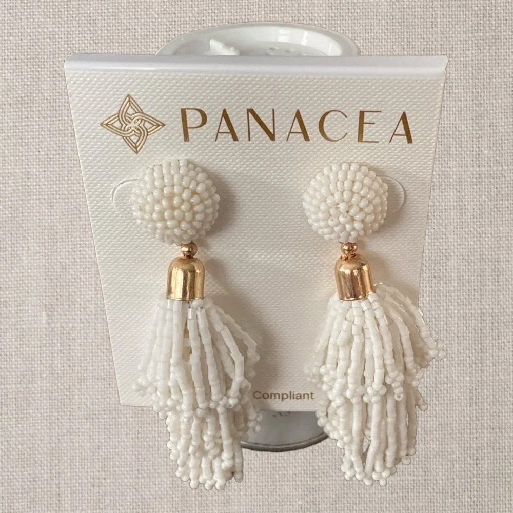 Panacea Beaded Tassel Earrings Post White Lightweight